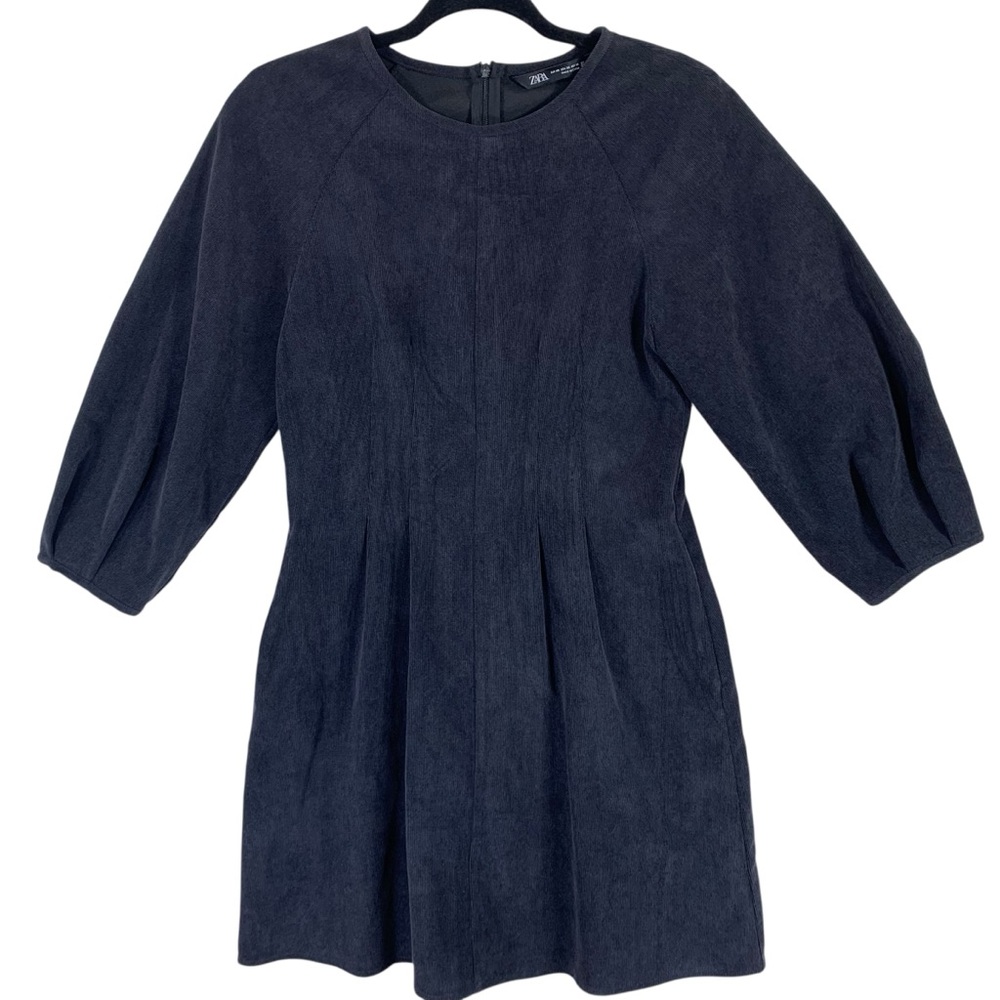 Zara Midnight Blue Pleated 3/4 sleeve baby cord Dress size xs